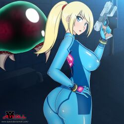 1girl absurdres artist_logo artist_name ass aykoll blonde_hair blue_bodysuit blue_eyes bodysuit bracelet breasts formal_clothes gun hand_on_own_hip highres holding holding_gun holding_weapon jewelry large_breasts logo long_hair looking_back metroid metroid_(creature) nintendo paralyzer ponytail samus_aran shiny_clothes skin_tight solo suit weapon zero_suit