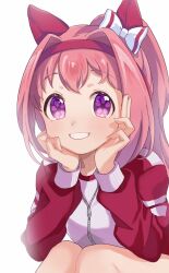 1girl animal_ears bow commentary_request ear_bow feet_out_of_frame flower-shaped_pupils grin hair_intakes hairband haru_urara_(umamusume) highres horse_ears jacket long_hair long_sleeves looking_at_viewer moko39_takasora pink_hair ponytail puffy_long_sleeves puffy_sleeves purple_eyes red_hairband shirt simple_background smile solo symbol-shaped_pupils track_jacket umamusume white_background white_bow white_jacket white_shirt