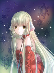 00s 1girl :o bare_shoulders blonde_hair blunt_bangs brown_eyes chii chobits choker detached_sleeves dress female_focus gradient_background hair_tubes heart highres long_hair parted_lips red_dress robot_ears small_big_dot snowflakes snowing solo