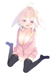 Rule 34 | 1girl, :d, ahoge, animal ears, black thighhighs, breasts, brown hair, collarbone, commentary request, ears down, full body, garter straps, hair between eyes, hood, hood down, hooded jacket, jacket, large breasts, long sleeves, naked jacket, open mouth, original, pink jacket, puffy long sleeves, puffy sleeves, rabbit ears, red eyes, simple background, sitting, sleeves past wrists, smile, solo, thighhighs, wariza, white background, yuizaki kazuya