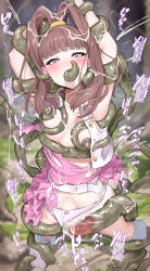 1girl absurdres amano_nene_(digimon_xros_wars) arms_up blush breasts brown_hair clothing_aside commentary_request cum cum_in_pussy digimon digimon_xros_wars ejaculation fellatio fukuiii0110 highres long_hair medium_breasts nipples oral panties panties_aside purple_eyes restrained solo stomach_bulge tentacle_sex tentacles torn_clothes underwear vaginal variant_set white_panties