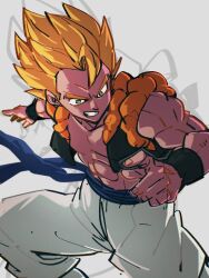 Rule 34 | 1boy, abs, blonde hair, clenched teeth, dragon ball, dragonball z, gogeta, green eyes, grey background, kemachiku, male focus, muscular, muscular male, pants, short hair, simple background, super saiyan, teeth, white pants