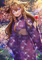 1girl :d aerial_fireworks astra_laeyna blush braid brown_hair candy_apple commentary_request commission fireworks floral_print food hair_between_eyes hand_up holding holding_food indie_virtual_youtuber japanese_clothes kimono kou_hiyoyo long_hair long_sleeves night night_sky obi open_mouth outdoors print_kimono purple_eyes purple_kimono sash skeb_commission sky sleeves_past_wrists smile solo star_(sky) starry_sky twin_braids very_long_hair virtual_youtuber wide_sleeves