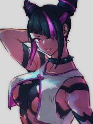 Rule 34 | 1girl, black hair, breasts, collar, grey background, hair horns, hair over one eye, han juri, kemachiku, looking at viewer, medium breasts, multicolored hair, pink eyes, pink hair, simple background, solo, spiked collar, spikes, street fighter, street fighter 6, two-tone hair, upper body
