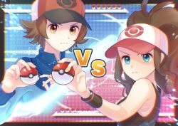 1boy 1girl absurdres baseball_cap black_vest blue_eyes blue_jacket brown_eyes brown_hair chromatic_aberration closed_mouth commentary_request eyelashes hat highres hilbert_(pokemon) hilda_(pokemon) holding holding_poke_ball jacket nintendo poke_ball poke_ball_(basic) pokemon pokemon_battle pokemon_bw red_hat redrawn ryusa_(gjgd7445) scene_reference short_hair sidelocks vest white_hat wristband zipper_pull_tab
