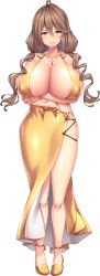 1girl arms_under_breasts bead_necklace beads boku_ga_incubus_ni_naru_tame_ni_kyou_kara_succubus_to_lesson_shimasu_2 bracelet breasts brown_hair covered_erect_nipples dress facing_viewer full_body hair_between_eyes highres huge_breasts jewelry long_hair looking_at_viewer mature_female mole mole_under_mouth necklace non-web_source official_art photoshop_(medium) purple_eyes shiny_skin shiokonbu shoes smile solo standing strappy_heels tachi-e transparent_background twintails yellow_dress yellow_shoes