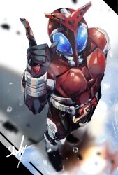 1boy armor blurry blurry_background from_above full_body helmet highres kamen_rider kamen_rider_kabuto kamen_rider_kabuto_(series) male_focus ni_celery_pk red_armor red_helmet solo standing tokusatsu