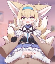 1boy 1girl age_difference animal_ear_fluff animal_ears arknights bedroom black_gloves blonde_hair blue_dress blue_hairband braid censored clothed_female_nude_male cowgirl_position cum cum_in_pussy disembodied_hand dress ejaculation fox_ears fox_girl fox_tail frilled_dress frilled_skirt frills gloves green_eyes hair_between_eyes hairband hand_on_another&#039;s_arm heart hetero id_card indoors infection_monitor_(arknights) kitsune large_ears loli looking_at_viewer material_growth medium_hair mosaic_censoring motion_lines multicolored_hair multiple_tails no_panties nude off-shoulder_dress off_shoulder open_mouth oripathy_lesion_(arknights) pantyhose penis pouch rope rottenduck saliva sex shimenawa size_difference skirt steam steaming_body straddling surprised suzuran_(arknights) tactical_clothes tail torn_clothes torn_pantyhose two-tone_hair vaginal variant_set waist_grab white_fur white_hair white_pantyhose wide-eyed