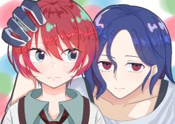1boy 1girl absurdres amate_yuzuriha aqua_eyes blue_hair blush collared_shirt colored_inner_hair gloves gundam gundam_gquuuuuux headpat highres looking_at_another looking_at_viewer mttmtp25 multicolored_hair purple_hair red_eyes red_hair school_uniform shirt short_hair shuji_ito smile sweater two-tone_hair upper_body