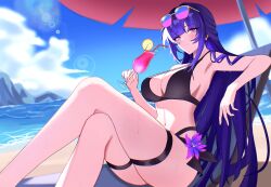1girl absurdres alternate_costume bare_shoulders beach bikini black_bikini blue_sky breasts cleavage closed_mouth commentary crossed_legs cup day drinking_glass drinking_straw eyewear_on_head food fruit halterneck highres holding holding_cup honkai_(series) honkai_impact_3rd large_breasts lemon lemon_slice light_blush long_hair looking_at_viewer navel ocean outdoors purple_eyes purple_hair raiden_mei sky smile solo stomach sunglasses swimsuit thighs very_long_hair wet yue_kanade