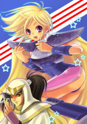 Rule 34 | 1boy, 1girl, androgynous, armor, black eyes, black hair, blonde hair, cape, faye, final fantasy, final fantasy mystic quest, helmet, lock (ffmq), long hair, ninja, ninja (final fantasy), one eye closed, open mouth, ponytail, purple eyes, short hair, shoulder pads, shuriken, tristam, united states, weapon, wink, wristband, zaido