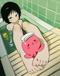 1girl barefoot bathing black_eyes black_hair creature feet highres holypotato0 kuze_shizuka looking_at_viewer solo takopii takopii_no_genzai toes