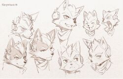 1boy animal_ears artist_name closed_eyes closed_mouth commentary english_commentary fangs fox_boy fox_ears fox_mccloud furry furry_male head_only highres koiyaroid looking_to_the_side male_focus multiple_views nintendo open_mouth scouter sketch smile star_fox whiskers