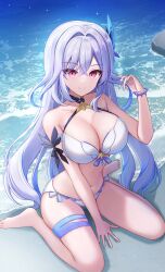 1girl absurdres alternate_costume bare_shoulders bikini breasts cleavage closed_mouth collarbone commentary_request fingernails genshin_impact hair_between_eyes hand_in_own_hair hand_up highres large_breasts long_hair looking_at_viewer mole navel red_eyes side-tie_bikini_bottom sitting skirk_(genshin_impact) solo stomach swimsuit very_long_hair water white_bikini white_hair yukiunag1