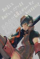 Rule 34 | 1girl, 2020, bengus, blue hair, breasts, chinese zodiac, closed mouth, elbow gloves, garrison cap, gloves, grey background, grey gloves, grey hat, grey thighhighs, hat, headphones, highres, large breasts, original, short hair, simple background, solo, thighhighs, translation request, year of the rat, yellow eyes