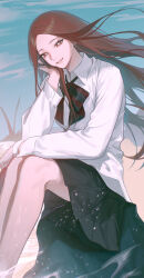 1girl absurdres beach black_skirt blue_sky bright_pupils brown_hair cloud cloudy_sky collar collared_shirt commentary commentary_request diao_chan_(k.o._3an_guo) english_commentary gootai highres in_water k.o._3an_guo legs_together long_hair long_sleeves looking_at_viewer mixed-language_commentary red_eyes sand shirt sitting skirt sky smile solo water white_collar white_pupils white_shirt