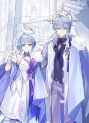 1boy 1girl bare_shoulders dress earrings elbow_gloves foot_out_of_frame fur-trimmed_jacket fur_trim gloves green_eyes grey_hair grey_pants halo halo_behind_head head_wings highres honkai:_star_rail honkai_(series) jacket jewel_under_eye jewelry kukatsuma long_hair looking_at_viewer musical_note_ornament open_clothes open_jacket pants purple_vest robin_(honkai:_star_rail) short_hair single_earring smile sunday_(honkai:_star_rail) two-tone_dress vest white_dress white_gloves white_jacket white_wings wings