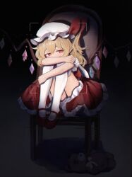 1girl absurdres blonde_hair bloomers chair commentary_request crystal_wings dark flandre_scarlet frilled_skirt frills full_body hair_ribbon hat highres hugging_own_legs knees_up lonely mary_janes mob_cap on_chair one_side_up pointy_ears puffy_short_sleeves puffy_sleeves red_eyes red_ribbon red_shoes red_skirt red_vest ribbon shoes short_sleeves sitting skirt solo static stuffed_animal stuffed_toy teddy_bear thighhighs touhou underwear vest viewfinder white_bloomers white_hat white_thighhighs yuuneka
