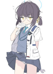 1girl absurdres black_hair blue_archive breasts closed_mouth commentary_request glasses gloves hair_ornament halo highres holding holding_wrench jacket millennium_science_school_student_a_(blue_archive) mizusaki_(kn27) panties school_uniform simple_background small_breasts solo sweat underwear white_background wrench yellow_eyes