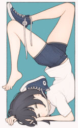 1girl 1ssakawaguchi absurdres aqua_background blue_shoes blue_shorts border brown_hair closed_eyes closed_mouth converse denim denim_shorts highres ichika_(1ssakawaguchi) midriff_peek original outside_border shirt shoes short_hair short_shorts short_sleeves shorts simple_background single_bare_foot single_shoe solo toes top-down_bottom-up upside-down white_border white_shirt