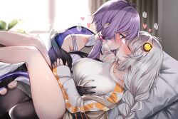 2girls antenna_hair bare_shoulders black_gloves black_jacket black_pantyhose blush braid breasts closed_eyes commentary_request curtains facing_another feet_out_of_frame french_kiss gloves grabbing_another&#039;s_breast groping hair_ornament head_on_pillow heart highres indoors jacket jacket_partially_removed kiss kizuna_akari knees_up kyusai_kuma large_breasts light_particles long_hair long_sleeves looking_at_another multiple_girls nail_polish nose_blush orange_nails paid_reward_available pantyhose partially_fingerless_gloves pillow plant potted_plant profile purple_eyes purple_hair purple_nails raised_inner_eyebrows shirt short_hair_with_long_locks single_braid sky sleeves_past_wrists sound_effects sweat tongue tongue_out trembling very_long_hair vocaloid voiceroid white_hair white_shirt white_sky window yuri yuzuki_yukari yuzuki_yukari_(vocaloid6)