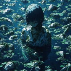 1girl algae closed_eyes closed_mouth fragmentedblue green_theme lake moonlight original partially_submerged reflection scenery short_hair solo water