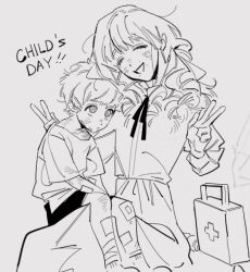 1boy 1girl age_difference aged_down child closed_eyes dirty double_v facing_viewer fear_&amp;_hunger_(series) fear_&amp;_hunger_2:_termina first_aid_kit gauze_on_knee kodomo_no_hi levi_(fear_&amp;_hunger) long_hair long_sleeves marina_(fear_&amp;_hunger) monochrome mouth_piercing neck_ribbon pankepen ribbon shirt_tucked_in short_hair shorts sitting sitting_on_lap sitting_on_person skirt smile v