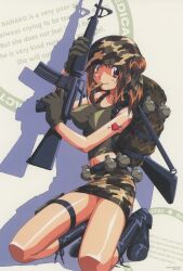 Rule 34 | absurdres, breasts, brown eyes, brown hair, bullet, camouflage, camouflage skirt, combat helmet, double bun, fang, gun, hair bun, helmet, highres, large breasts, nanako kaitai shinsho, navel, non-web source, official art, pencil skirt, shichigusa nanako, skirt, weapon, yamashita toshinari