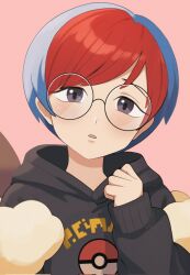 1girl black_hoodie blue_hair commentary glasses grey_eyes highres hood hood_down hoodie light_blush long_sleeves looking_at_viewer multicolored_hair nakikot_t nintendo open_mouth penny_(pokemon) poke_ball_print pokemon pokemon_sv red_hair round_eyewear short_hair sleeves_past_wrists solo symbol-only_commentary two-tone_hair upper_body