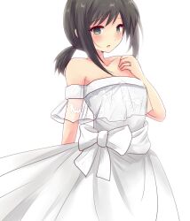 Rule 34 | 1girl, bare shoulders, black hair, commentary request, cowboy shot, dress, fubuki (anniversary) (kancolle), fubuki (kancolle), green eyes, highres, hirune (konekonelkk), kantai collection, looking at viewer, low ponytail, medium hair, off-shoulder dress, off shoulder, official alternate costume, official alternate hairstyle, ponytail, short ponytail, sidelocks, simple background, solo, white background, white dress