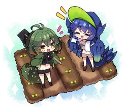 2girls :d ^_^ antenna_hair baseball_cap black_bow black_footwear black_shirt blue_hair blue_headwear blue_jacket blush boots bow brachydios breasts brown_shirt brown_shorts closed_eyes commentary_request deviljho dragon_girl dragon_horns dragon_tail fang farming green_hair green_jacket hair_between_eyes hat highres hoe holding horns jacket medium_breasts milkpanda monster_hunter_(series) multiple_girls notice_lines open_clothes open_jacket open_mouth personification shirt short_eyebrows short_shorts shorts smile socks sparkle standing tail thick_eyebrows yellow_eyes