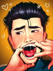 Rule 34 | 1boy, 1other, artist name, birdsqke, black eyes, black hair, blue bodysuit, bodysuit, fangs, heart, highres, invincible (character), invincible (series), looking to the side, male focus, open mouth, pov, pov hands, saliva, short hair, solo focus, star (symbol), tongue, tongue out, upper body, yellow background