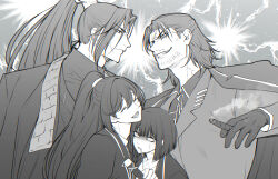 1girl 3boys :d anger_vein beard_stubble black_gloves black_hair black_hanfu chinese_clothes cigar closed_eyes collared_shirt curtained_hair drooling facial_hair gloves grey_scarf grey_vest greyscale grin hair_ornament hanfu high_ponytail highres holding holding_cigar hong_lu_(project_moon) jacket jacket_on_shoulders jia_qiu_(project_moon) lei_heng_(project_moon) limbus_company looking_at_another maki_maki_(makimakipoipoi) monochrome multiple_boys narrowed_eyes open_mouth ponytail project_moon ryoshu_(project_moon) saliva scar scar_on_face scar_on_neck scarf sheath shirt sidelocks smile smoke stubble unsheathing upper_body vest wolf_cut