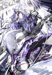 Rule 34 | 1girl, arm warmers, bare shoulders, black nails, boots, bright pupils, commentary, dutch angle, flower (vocaloid), flower (vocaloid4), from below, full body, guitar, happy birthday, highres, holding, holding guitar, holding instrument, holding microphone, instrument, jacket, knee boots, microphone, nail polish, open mouth, painterly, pale skin, purple arm warmers, purple boots, purple eyes, purple hair, purple jacket, short hair, sleeveless, sleeveless jacket, solo, squatting, stage, stage lights, suri yyc, teeth, tongue, upper teeth only, vocaloid, white hair, white pupils