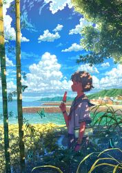 1girl bag bamboo breakwater brown_hair closed_eyes cloud commentary_request cumulonimbus_cloud day food grey_sailor_collar grey_skirt highres holding holding_food holding_popsicle house leaf mountainous_horizon ocean original outdoors pasoputi popsicle sailor_collar scenery shirt shore short-sleeved_sweater short_sleeves shoulder_bag skirt sky solo standing sweater town tree watermelon_bar white_shirt