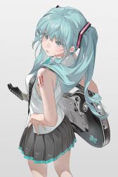 1girl absurdres aqua_eyes bare_shoulders blue_hair breasts commentary cowboy_shot electric_guitar fender_stratocaster from_above from_behind guitar guitar_strap hair_between_eyes hair_flowing_over hair_ornament hand_on_own_hip hatsune_miku hatsune_miku_japan_tour_2025_~blooming~ highres instrument long_hair looking_at_viewer looking_back medium_breasts miniskirt parted_lips pleated_skirt shikakrosho shirt shoulder_tattoo sidelocks skirt sleeveless sleeveless_shirt solo symbol-only_commentary tattoo twintails vocaloid