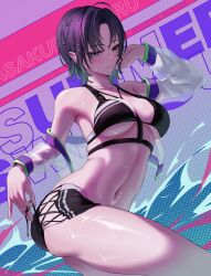 1girl absurdres ahoge aqua_hair armpits asakura_toru bare_shoulders between_breasts bikini bikini_shorts black_bikini black_shorts blue_eyes blush breasts buckle character_name chinese_commentary cleavage collarbone colored_tips commentary_request cowboy_shot cropped_jacket earrings gradient_hair groin hair_between_eyes hair_ornament hairclip highres idolmaster idolmaster_shiny_colors jacket jewelry large_breasts long_sleeves looking_at_viewer midriff multicolored_hair navel off_shoulder open_clothes open_jacket parted_bangs parted_lips poanpan purple_hair see-through_clothes see-through_jacket short_hair short_shorts shorts sidelocks smile snap-fit_buckle solo standing strap_between_breasts swimsuit wet x_hair_ornament