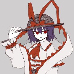 1girl ascot black_hat bow capelet commentary_request frilled_shawl frills grey_background hat hat_bow long_sleeves looking_at_viewer nagae_iku ohayouchannel purple_hair red_bow red_eyes shawl short_hair simple_background solo touhou upper_body