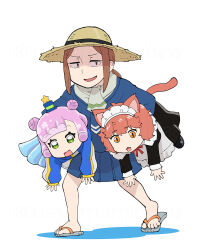 Rule 34 | 3girls, :d, akuyaku reijou tensei ojisan, brown hair, carrying, carrying under arm, cat girl, crossover, green eyes, hat, highres, houkago teibou nisshi, kuroiwa yuuki, long sleeves, maid, maid headdress, mini hat, monster girl, multiple girls, open mouth, ponytail, puniru (puniru wa kawaii slime), puniru wa kawaii slime, purple hair, sandals, sasahara yuu, simple background, slime girl, slime hair, slit pupils, smile, straw hat, sun hat, ueyama michirou, voice actor connection
