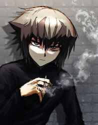 1boy 4946bai absurdres bags_under_eyes black_shirt brick_wall brown_eyes brown_hair cigarette drop_shadow exhausted facing_to_the_side green_eyes hair_slicked_back hand_up heterochromia highres holding holding_cigarette leaning_forward long_sleeves looking_ahead looking_at_viewer male_focus multicolored_hair muted_color outdoors shirt sitting smoke two-tone_hair yu-gi-oh! yu-gi-oh!_gx yuki_judai