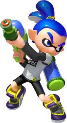 Rule 34 | 1boy, 3d, bike shorts, black undershirt, blue eyes, blue hair, closed mouth, dynamic pose, eye mask, full body, gradient hair, highres, holding, holding weapon, ink tank (splatoon), inkling, inkling boy, inkling player character, john (splatoon), long sleeves, multicolored hair, nintendo, official art, purple shoes, shirt, shoelaces, shoes, short sleeves, sneakers, solo, splatoon (series), splatoon 1, splattershot (splatoon), spotted hair, suction cups, t-shirt, tentacle hair, thick eyebrows, transparent background, two-tone hair, v-shaped eyebrows, weapon, white shirt