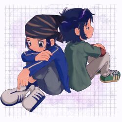 Rule 34 | 2boys, back-to-back, bandana, black pants, blue bandana, blue eyes, blue hair, blue jacket, brothers, digimon, digimon frontier, full body, green jacket, grey pants, highres, jacket, kimura kouichi, male focus, minamoto kouji, multiple boys, pants, short hair, siblings, sitting, takeda conomi, twins, white background