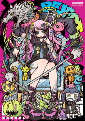 1girl alternate_weapon belt_chain bracelet chain collar cuffs decora english_text engrish_text gyaru highres jewelry kogal leash lock original padlock profanity project.c.k. punk ranguage shackles shortcake skull tattoo tatu thumb_ring twintails weapon werewolf