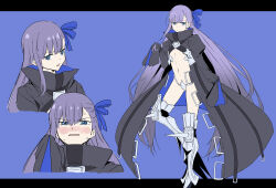 1girl absurdres black_coat blue_background blue_eyes blue_ribbon blush coat commentary_request expressionless fate/extra fate/extra_ccc fate/grand_order fate_(series) full_body hair_ribbon highres letterboxed long_hair meltryllis_(fate) multiple_views navel nose_blush outside_border prosthesis prosthetic_leg purple_hair ribbon simple_background sleeves_past_fingers sleeves_past_wrists stomach sweat tanuki_(siutkm0228) underwear