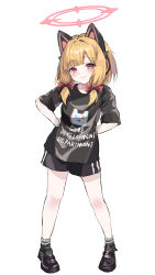 1girl absurdres alternate_costume animal_ear_headphones animal_ears animal_print arms_behind_back black_shirt black_shoes black_shorts blonde_hair blue_archive blunt_bangs blush bow breasts casual cat_ear_headphones cat_ears cat_print chinese_commentary clip_studio_paint_(medium) closed_mouth clothes_writing collarbone commentary_request dot_nose english_text fake_animal_ears frilled_gloves frills full_body gloves grey_socks gym_shorts hair_bow halo head_tilt headphones highres leaning_to_the_side looking_at_viewer looking_to_the_side low-tied_sidelocks making-of_available medium_hair momoi_(blue_archive) monk_shoes pigeon-toed pink_halo polished_shoes print_shirt red_bow red_eyes shirt shoes short_shorts short_sleeves shorts si_hao_she_gu_dao sidelocks simple_background smile smug socks solo standing t-shirt white_background