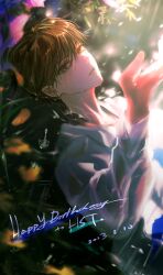 Rule 34 | 1boy, absurdres, afloat, blonde hair, blurry, chinese commentary, dated, driedpersimmonisverydelicious, earrings, eyelashes, falling leaves, flower, hair between eyes, hand up, happy birthday, highres, huang shaotian, in water, jewelry, leaf, long sleeves, looking at viewer, lying, male focus, on back, parted lips, partially submerged, quan zhi gao shou, rain, shade, shirt, short hair, sidelighting, solo, sunlight, upper body, water, water drop, wet, wet clothes, wet hair, white shirt, yellow eyes