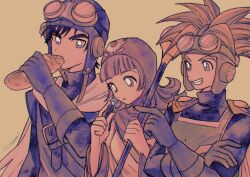 1980s_(style) 1girl 2boys :o black_hair blonde_hair blue_eyes blue_tunic cape dragon_quest dragon_quest_ii dress eating food gloves goggles goggles_on_head goggles_on_headwear grin hat highres holding holding_food holding_jewelry holding_ring holding_staff hood jewelry long_hair long_sleeves mouyi multiple_boys oldschool open_mouth orange_cape prince prince_of_lorasia prince_of_samantoria princess princess_of_moonbrook purple_hair purple_hood red_eyes ring robe signature smile spiked_hair staff tunic white_robe