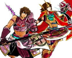 abs armor axe blue_eyes brown_eyes brown_hair cape helmet holding holding_helmet japanese_clothes lips looking_at_another muscular muscular_male sengoku_musou shimazu_toyohisa sword tachibana_ginchiyo tiara weapon