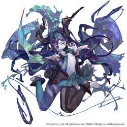 1girl biting biting_own_thumb black_hair black_horns demon_girl fish_hook fishing_line full_body green_eyes horns leviathan_(othellonia) long_hair navel official_art othellonia simple_background so-taro solo toeless_legwear very_long_hair white_background