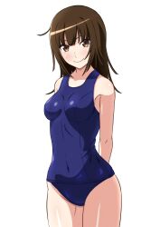 1girl absurdres blush breasts brown_eyes brown_hair covered_navel cowboy_shot highres kakukakusan long_hair looking_at_viewer monogatari_(series) school_swimsuit sengoku_nadeko simple_background small_breasts smile solo swimsuit white_background